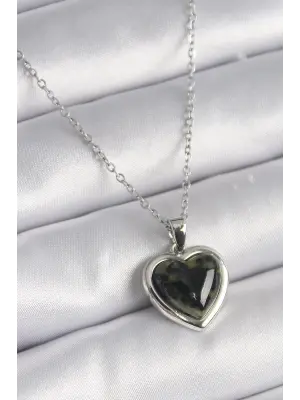  Gümüş  Yeşil Mineli Kalp Model  Çelik Kolye