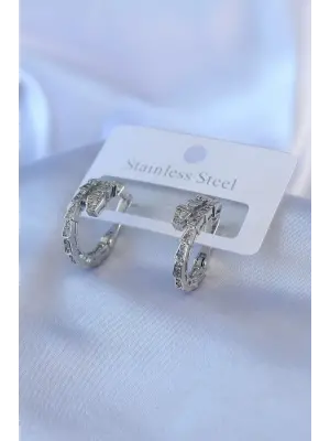 316L Çelik Gümüş Renk Yılan Model Zirkon Taşlı Kadın Küpe