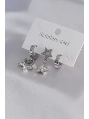316L Çelik Gümüş Renk Yıldız Model Zirkon Taş Detay Kadın Küpe Kombini