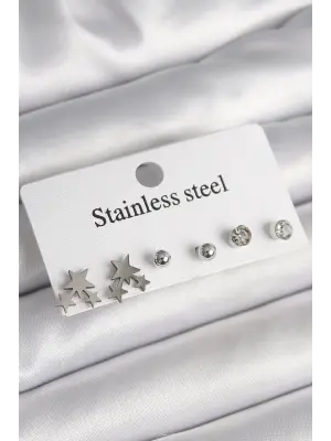   Gümüş Yıldız Model Zirkon Taşlı Topçuk Detay Çelik Küpe Seti