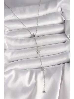 316L Çelik Gümüş Renk Yıldızlı Model Topçuk Detay Kadın Y Kolye