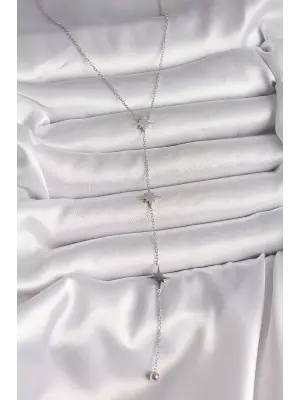 316L Çelik Gümüş Renk Yıldızlı Model Topçuk Detay Kadın Y Kolye