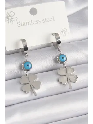   Gümüş. Yonca Model Nazar Boncuk Detay Çelik Küpe