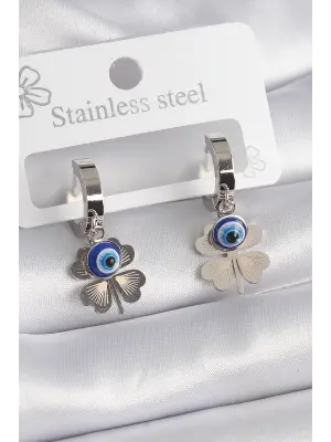   Gümüş Yonca Model Nazar Boncuk Detay Çelik Küpe