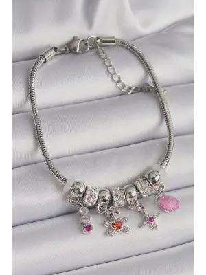 316L Çelik Gümüş Renk Zinci Sallantı Zirkon Taşlı Ayıcık Figür Charm Bileklik