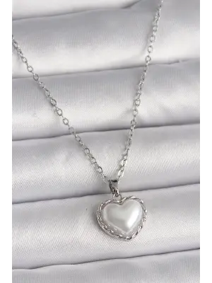  Gümüş  Zincir 3D İnci Kalp Model  Çelik Kolye