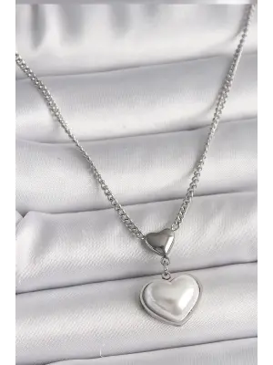  Gümüş  Zincir 3D Kalp Model  Çelik Kolye