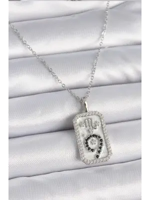  Gümüş  Zincir Akrep Burcu Zirkon Taşlı  Çelik Kolye