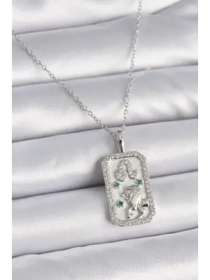  Gümüş  Zincir Aslan Burcu Zirkon Taşlı  Çelik Kolye