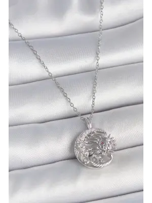 316L Çelik Gümüş Renk Zincir Ay Güneş Model Zirkon Taş Detay Kadın Kolye