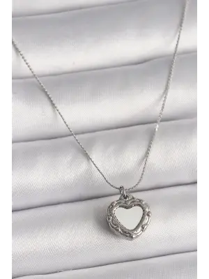  Gümüş  Zincir Aynalı Kalp Model  Çelik Kolye
