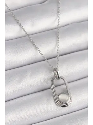  Gümüş  Zincir Beyaz Kedi Göz Model  Çelik Kolye
