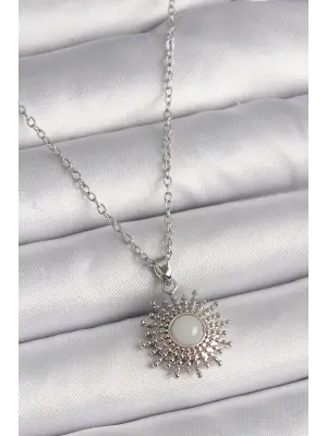  Gümüş  Zincir Beyaz Mineli Güneş Model  Çelik Kolye