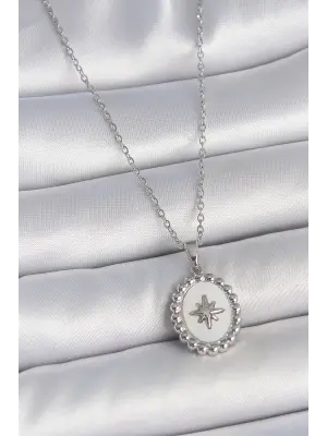 316L Çelik Gümüş Renk Zincir Beyaz Mineli Kutup Yıldız İşlemeli Madalyon Model Kadın Kolye