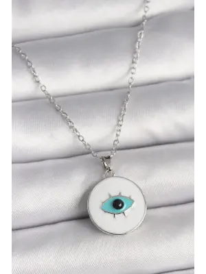 Gümüş  Zincir Beyaz Mineli Turkuaz Göz İşleme Model  Çelik Kolye