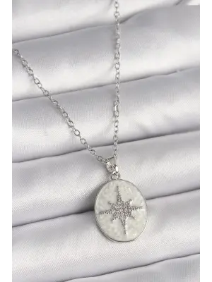  Gümüş  Zincir Beyaz Mineli Zirkon Taşlı Kutup Yıldız İşleme  Çelik Kolye