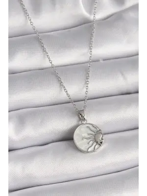  Gümüş  Zincir Beyaz Sedefli Gün Batımı Model  Çelik Kolye