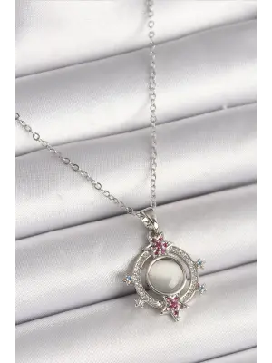  Gümüş  Zincir Beyaz Sedefli Zirkon Taşlı Yıldız Detay  Çelik Kolye
