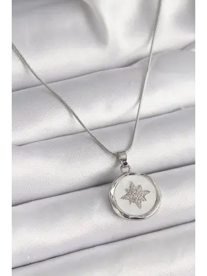  Gümüş  Zincir Beyaz Sedefli Zirkon Taşlı Yıldız İşleme Model  Çelik Kolye