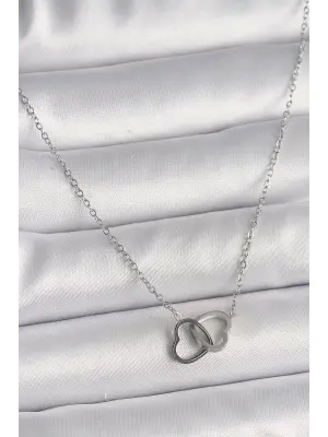  Gümüş  Zincir Birleşik Kalp Model  Çelik Kolye