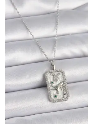  Gümüş  Zincir Boğa Burcu Zirkon Taşlı  Çelik Kolye