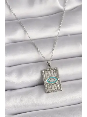  Gümüş  Zincir Göz İşlemeli Madalyon Model  Çelik Kolye