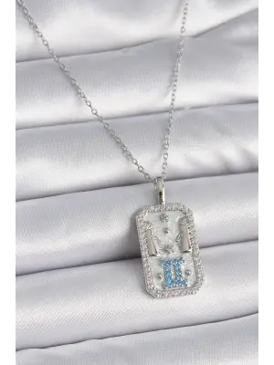  Gümüş  Zincir İkizler Burcu Zirkon Taşlı  Çelik Kolye