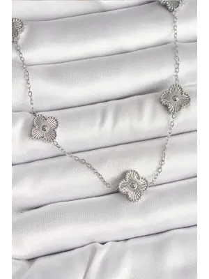 316L Çelik Gümüş Renk Zincir İşlemeli Yonca Model Kadın Kolye