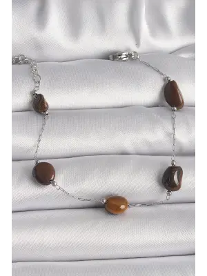 316L Çelik Gümüş Renk Zincir Kahverengi Doğaltaş Model Kadın Bileklik