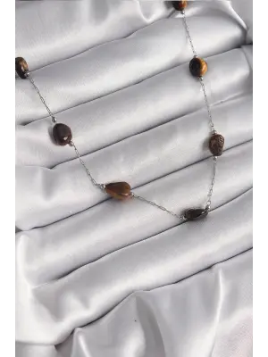  Gümüş  Zincir Kahverengi Doğaltaş Model  Çelik Kolye