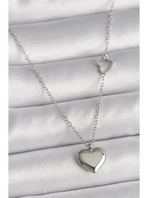  Gümüş  Zincir Kalp Detay Kalp Figür  Çelik Kolye