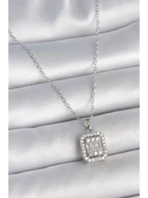 316L Çelik Gümüş Renk Zincir Kare Zirkon Taşlı Kadın Kolye