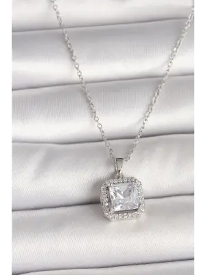 316L Çelik Gümüş Renk Zincir Kare Zirkon Taşlı Kadın Kolye