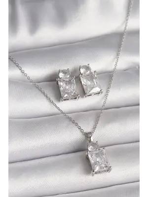 316L Çelik Gümüş Renk Zincir Kare Zirkon Taşlı Kadın Kolye Küpe Seti