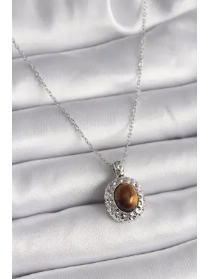  Gümüş  Zincir Kehribar Boncuk Model  Çelik Kolye