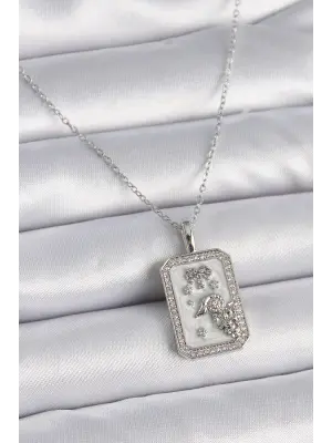  Gümüş  Zincir Koç Burcu Zirkon Taşlı  Çelik Kolye