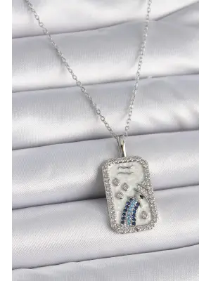  Gümüş  Zincir Kova Burcu Zirkon Taşlı  Çelik Kolye