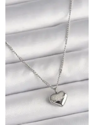  Gümüş  Zincir Love İşleme Kalp Figür  Çelik Kolye