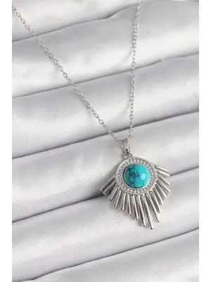  Gümüş  Zincir Mavi Boncuklu Zirkon Taşlı  Çelik Kolye