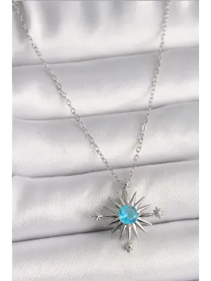  Gümüş  Zincir Mavi Taş Detaylı Kuzey Yıldızı Model  Çelik Kolye