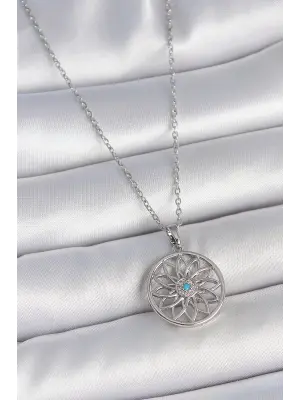 316L Çelik Gümüş Renk Zincir Mavi Taşlı Lotus Model Kadın Kolye