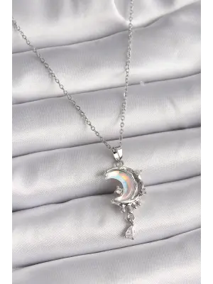  Gümüş  Zincir Mineli Hilal Model Sallantı Damla Detay  Çelik Kolye