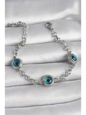 316L Çelik Gümüş Renk Zincir Model Nazar Boncuklu Kadın Bileklik