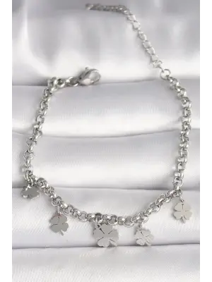 316L Çelik Gümüş Renk Zincir Model Yonca Figür Kadın Bileklik