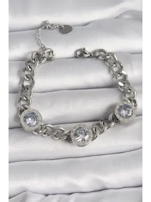 316L Çelik Gümüş Renk Zincir Model Zirkon Taşlı İşleme Detaylı Kadın Bileklik