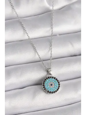  Gümüş  Zincir Nazar Boncuk Madalyon Model  Çelik Kolye