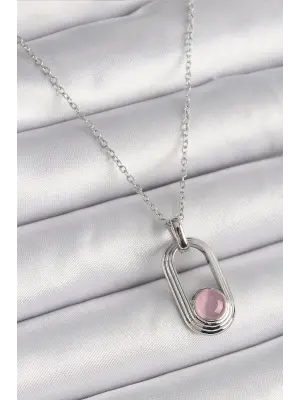  Gümüş  Zincir Pembe Kedi Göz Model  Çelik Kolye