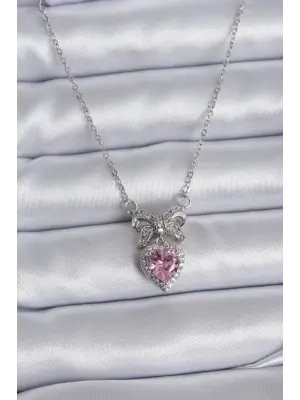  Gümüş  Zincir Pembe Kristal Kalp Zirkon Taşlı Kurdele Model  Çelik Kolye