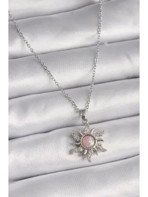  Gümüş  Zincir Pembe Mineli Zirkon Taşlı Güneş Model  Çelik Kolye