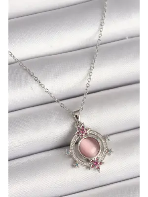  Gümüş  Zincir Pembe Sedefli Zirkon Taşlı Yıldız Detay Zirkon Taşlı  Çelik Kolye